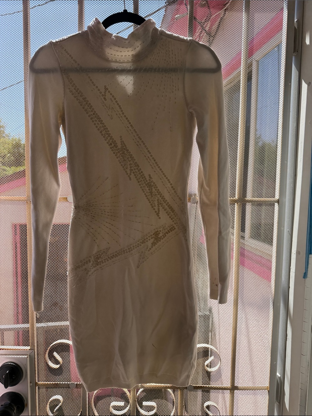 Marciano Cream Long-Sleeve Bodycon Dress with Embellished Pattern